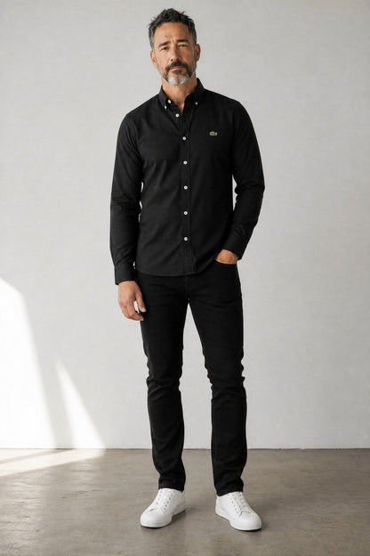 Lacoste Premium Black Button Down Oxford Shirt for Men – Luxury Smart Casual Long Sleeve Designer Essential 🖤✨