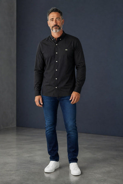 Lacoste Premium Black Button Down Oxford Shirt for Men – Luxury Smart Casual Long Sleeve Designer Essential 🖤✨