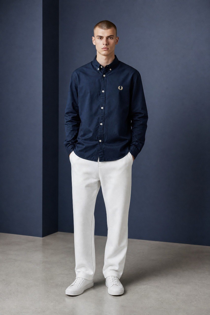 Fred Perry Premium Navy Blue Button Down Oxford Shirt for Men – Luxury Smart Casual Long Sleeve Designer Essential 💙✨