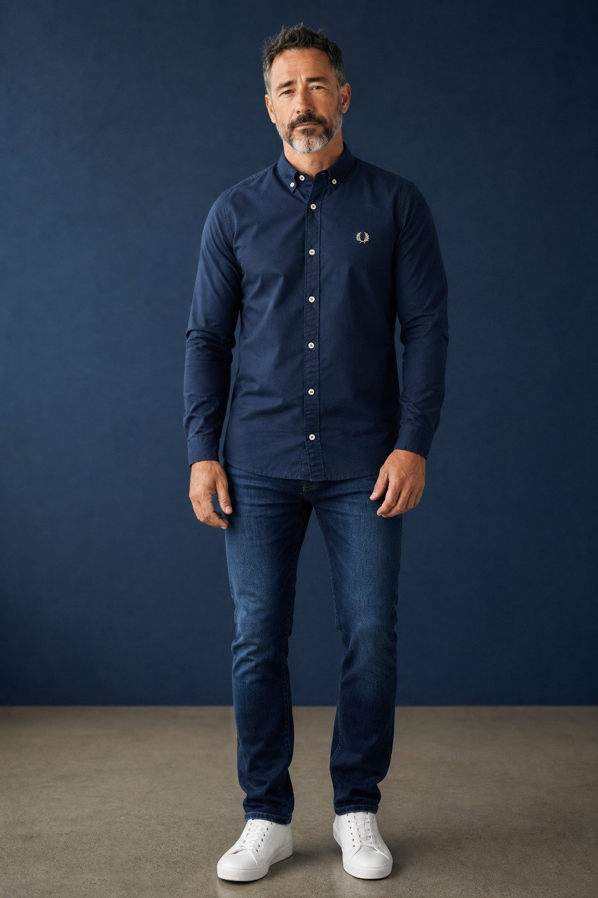 Fred Perry Premium Navy Blue Button Down Oxford Shirt for Men – Luxury Smart Casual Long Sleeve Designer Essential 💙✨