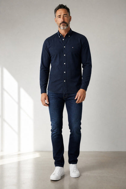 Tommy Hilfiger Premium Slim Fit Oxford Button-Down Shirt for Men – Classic Navy Smart Casual Long Sleeve Shirt 💙✨