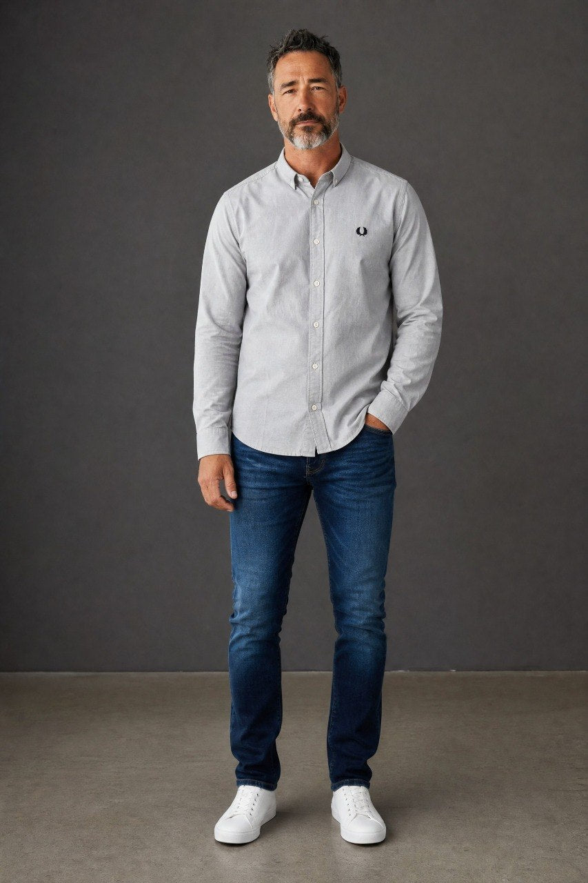 Fred Perry Premium Slim Fit Oxford Button-Down Shirt for Men – Classic Light Grey Smart Casual Long Sleeve Shirt 🩶✨