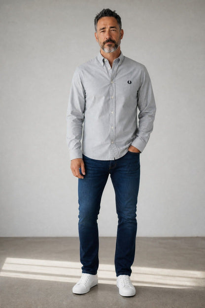 Fred Perry Premium Slim Fit Oxford Button-Down Shirt for Men – Classic Light Grey Smart Casual Long Sleeve Shirt 🩶✨