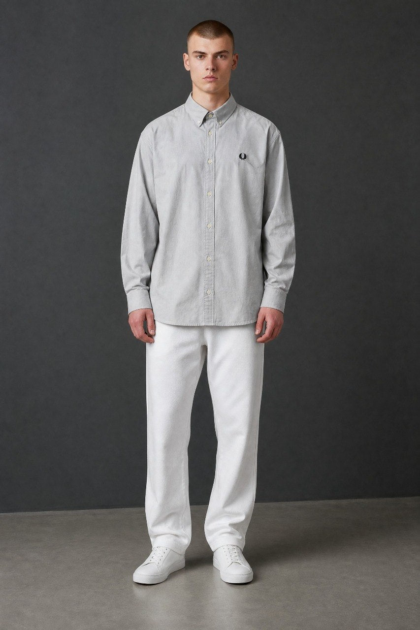 Fred Perry Premium Slim Fit Oxford Button-Down Shirt for Men – Classic Light Grey Smart Casual Long Sleeve Shirt 🩶✨