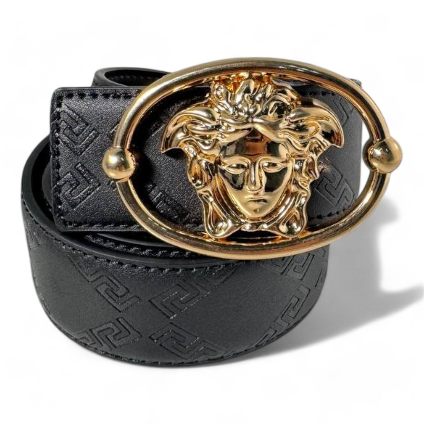 Versace Black Embossed Leather Belt with Gold Medusa Oval Buckle