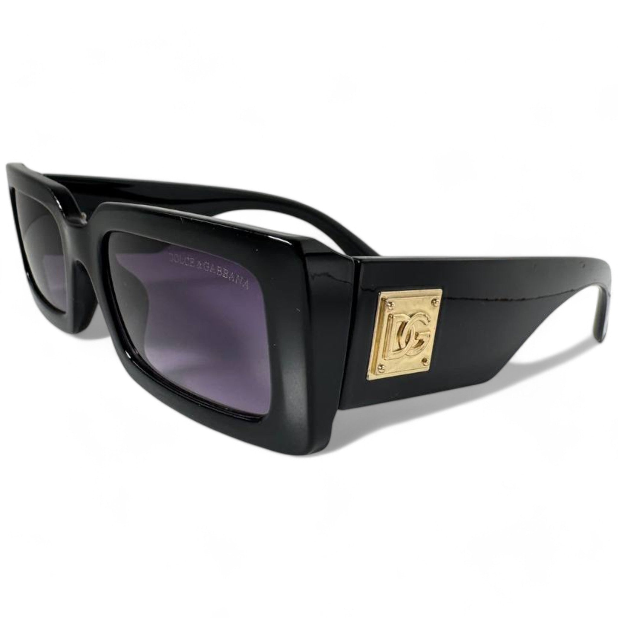 Dolce & Gabbana Black Rectangular Sunglasses with Gold Logo Plate
