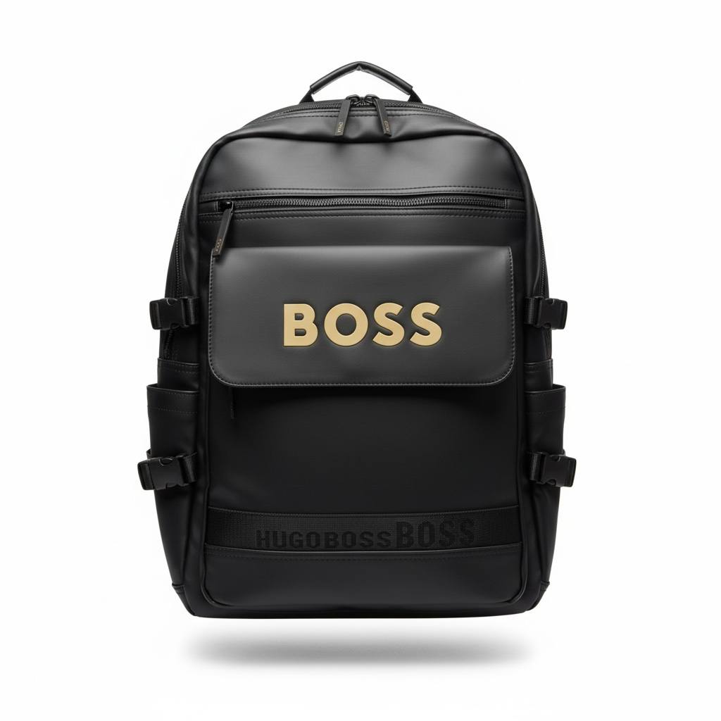 BOSS Black Backpack with Gold Logo Detail 🖤✨ | Premium Urban Travel Bag