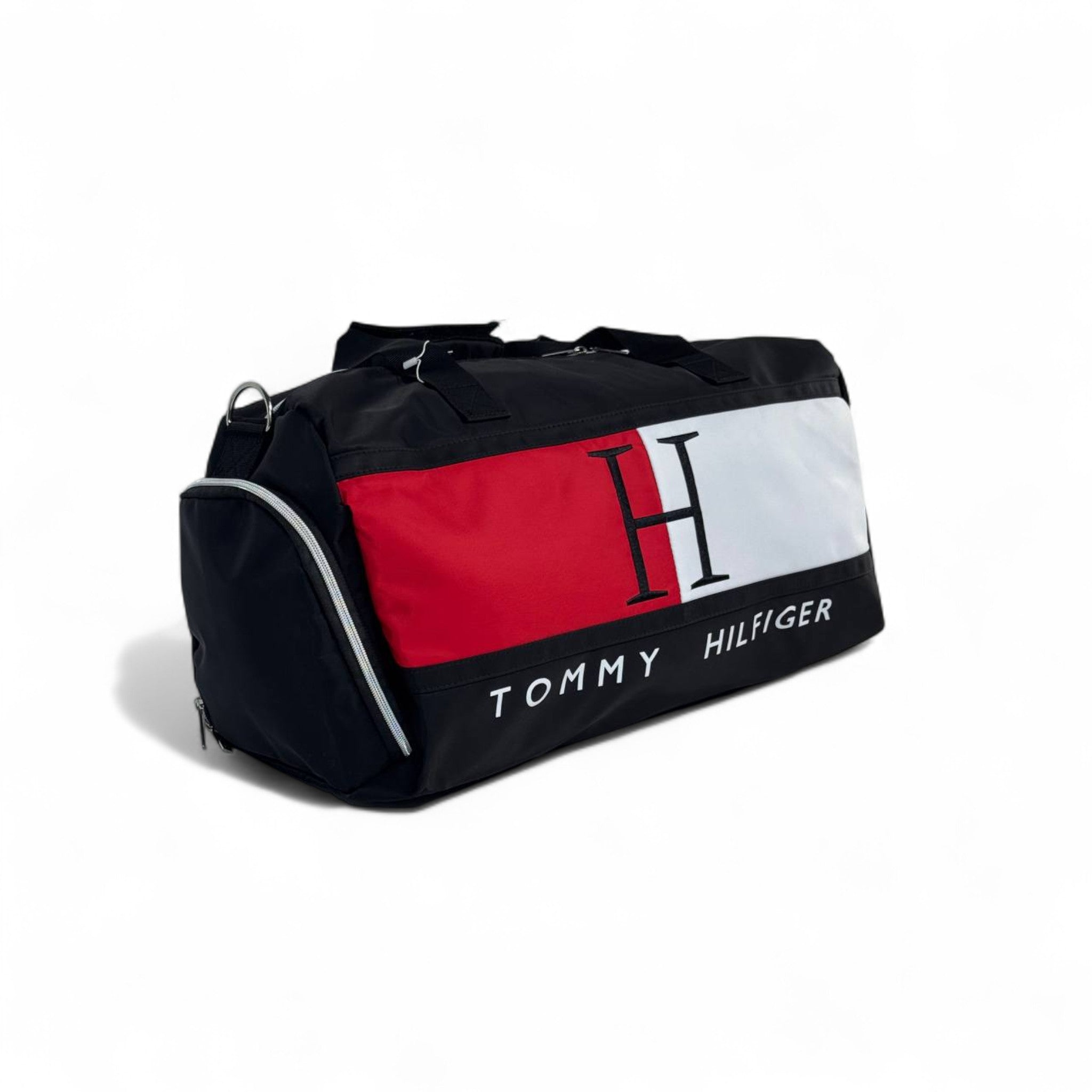 Tommy Hilfiger Oversized Logo Duffel Bag – Black, Red & White 🧳🔥