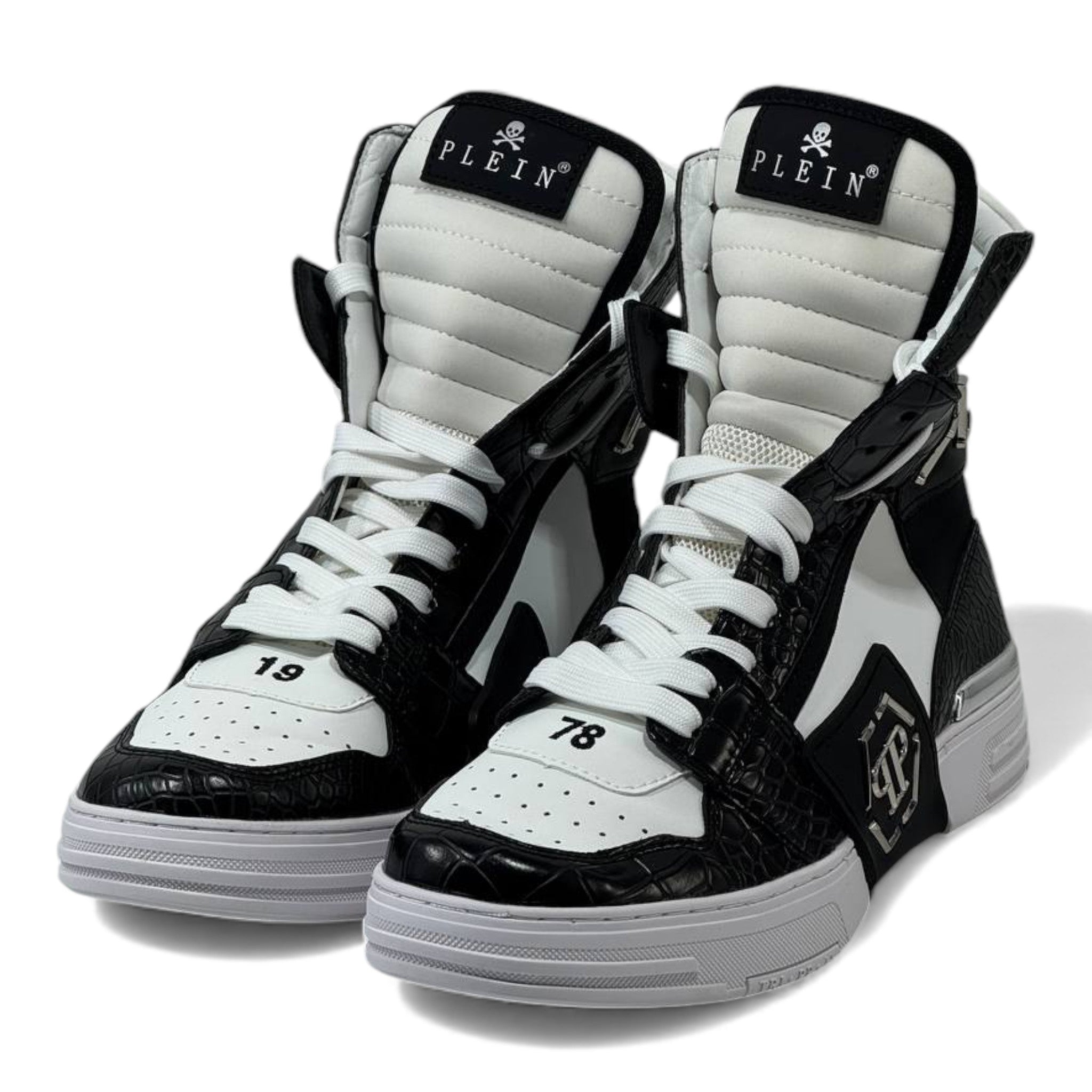 ⚫⚪ Philipp Plein “78” Croc-Embossed High-Top Sneakers – Monochrome Power 👟