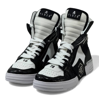 ⚫⚪ Philipp Plein “78” Croc-Embossed High-Top Sneakers – Monochrome Power 👟