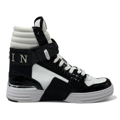 ⚫⚪ Philipp Plein “78” Croc-Embossed High-Top Sneakers – Monochrome Power 👟