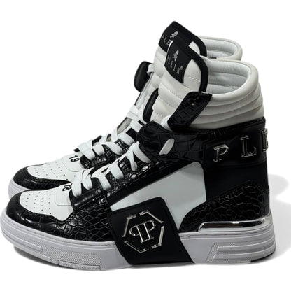 ⚫⚪ Philipp Plein “78” Croc-Embossed High-Top Sneakers – Monochrome Power 👟