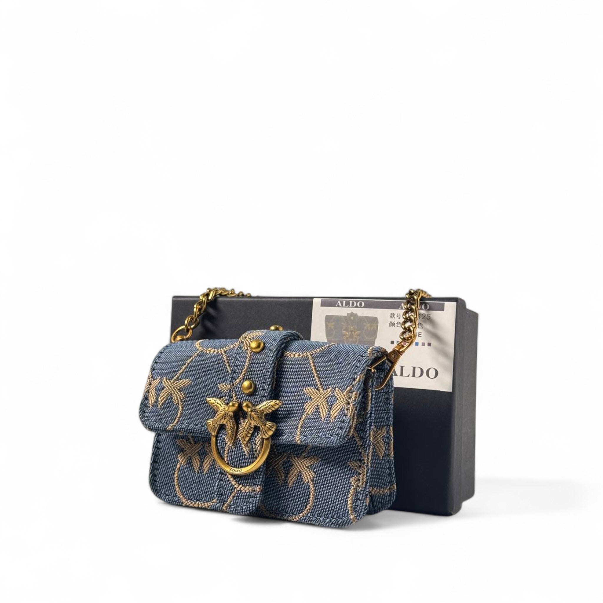 💙 Pinko Denim Mini Love Bag – Gold Bee Chain Crossbody 🐝✨