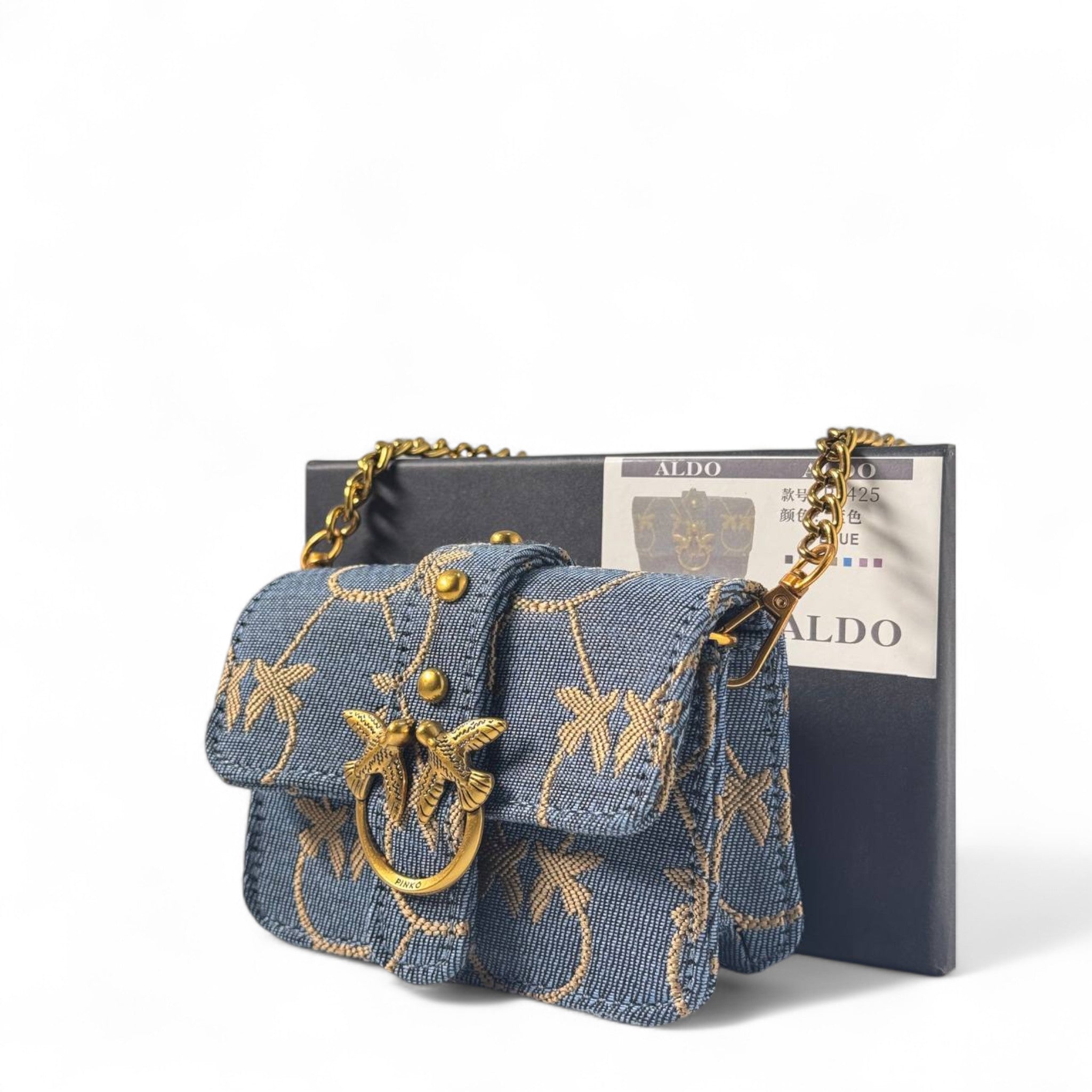 💙 Pinko Denim Mini Love Bag – Gold Bee Chain Crossbody 🐝✨