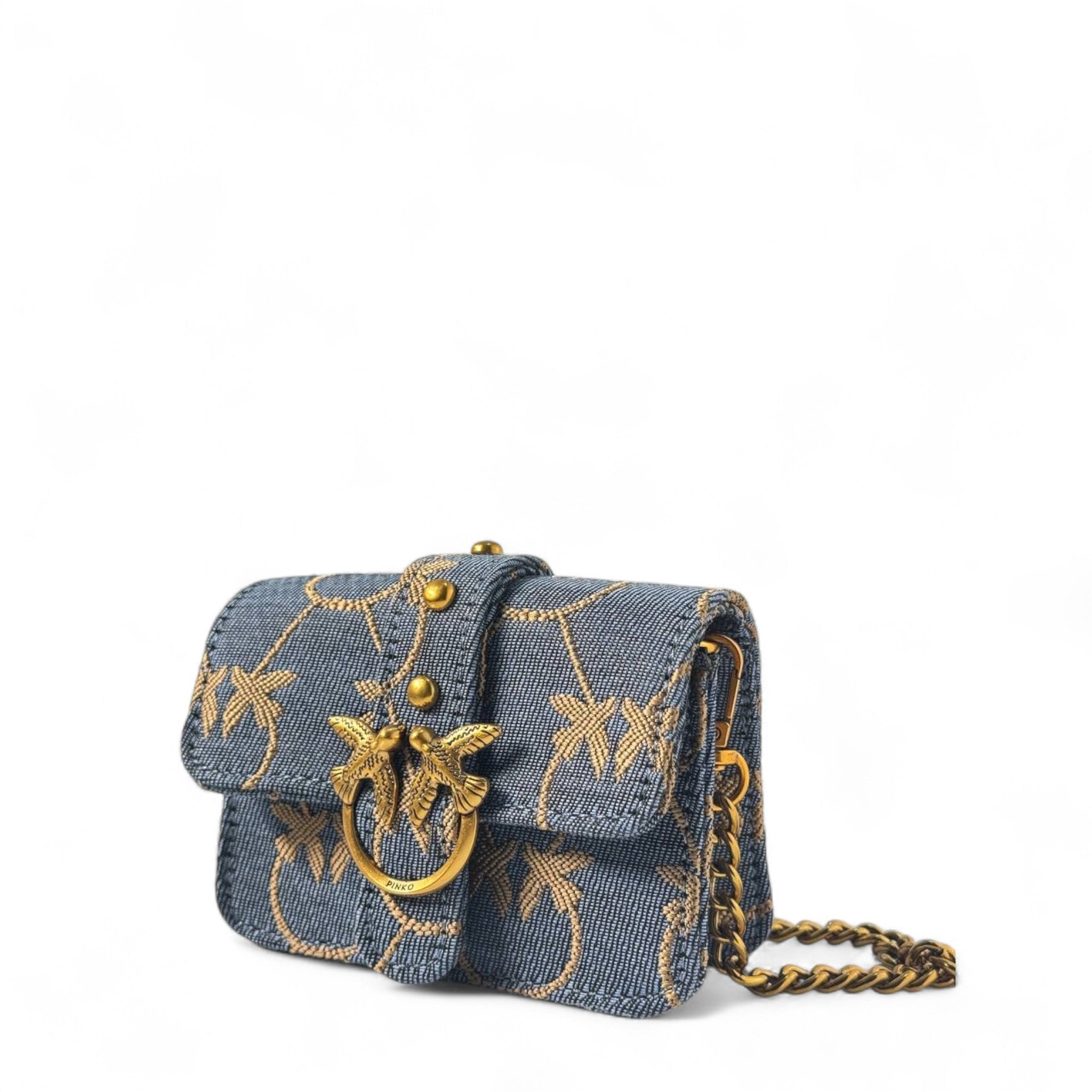 💙 Pinko Denim Mini Love Bag – Gold Bee Chain Crossbody 🐝✨