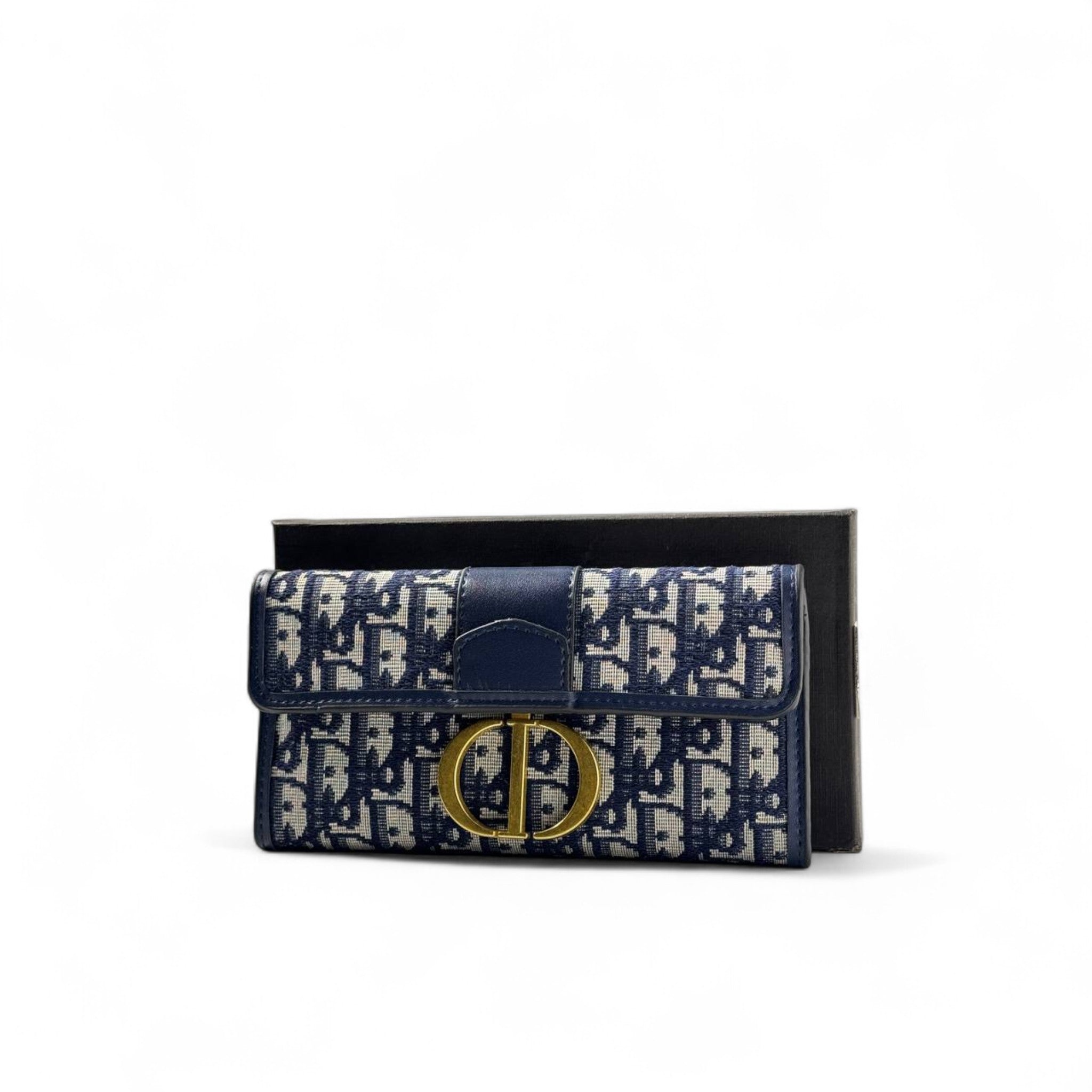 💙 Dior Oblique Long Wallet in Navy – CD Monogram with Gold Circle Clasp ✨