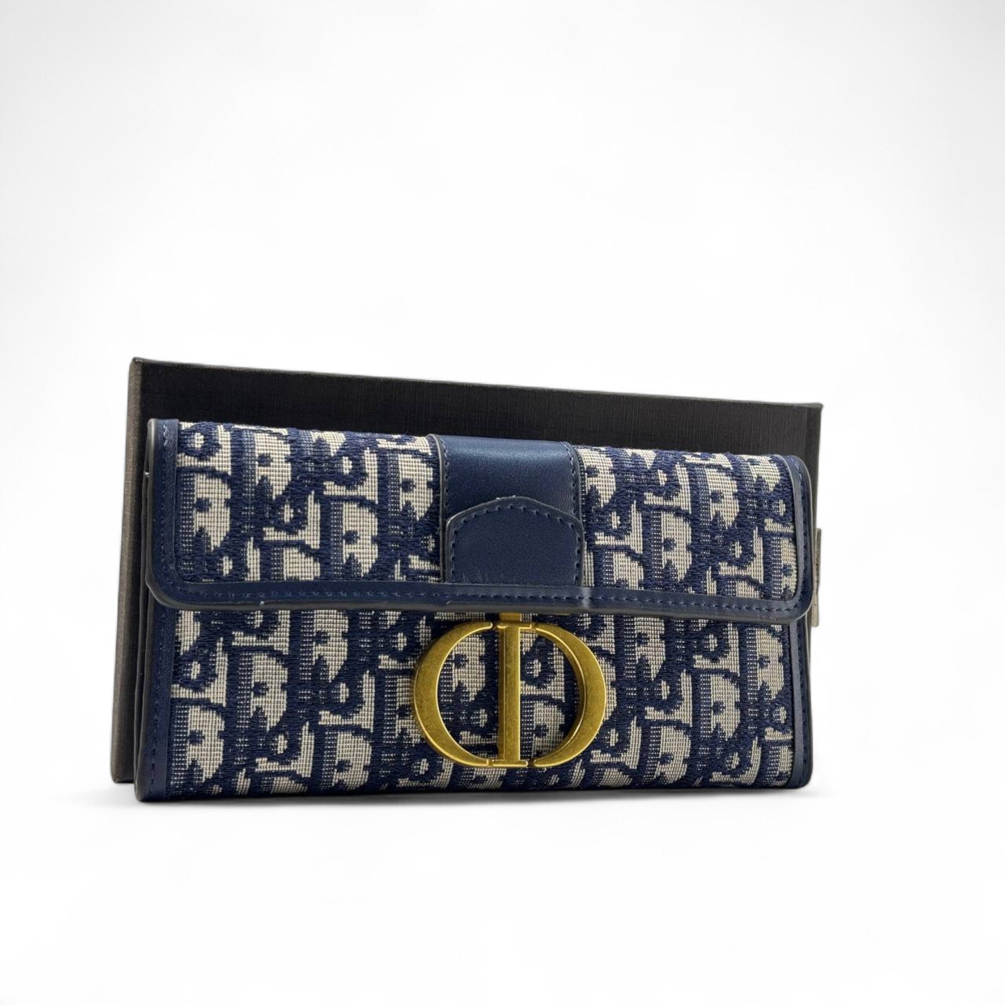 💙 Dior Oblique Long Wallet in Navy – CD Monogram with Gold Circle Clasp ✨