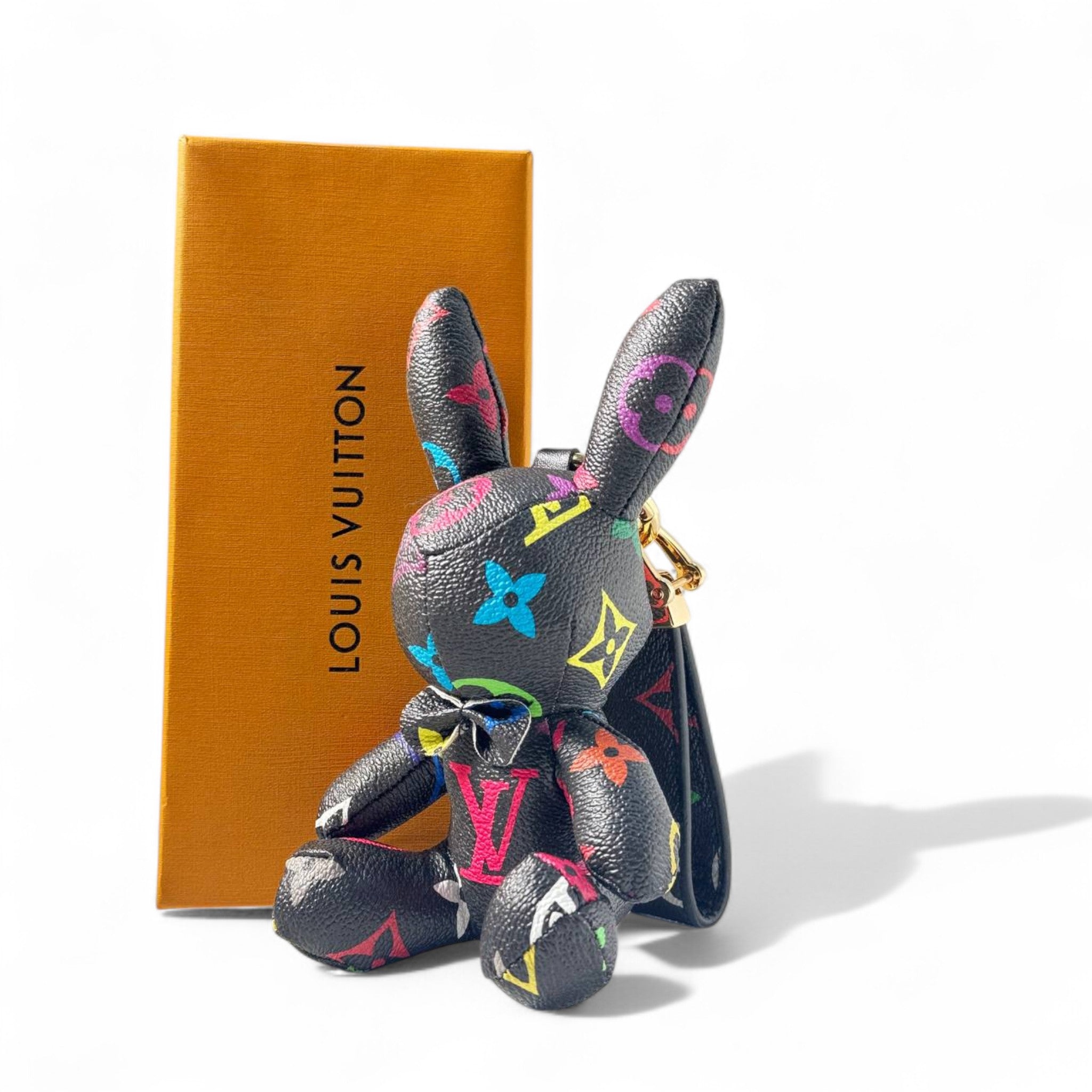 🌈 Louis Vuitton-Inspired Multicolor Bunny Keychain – Monogram Plush Charm with Gold Clasp ✨