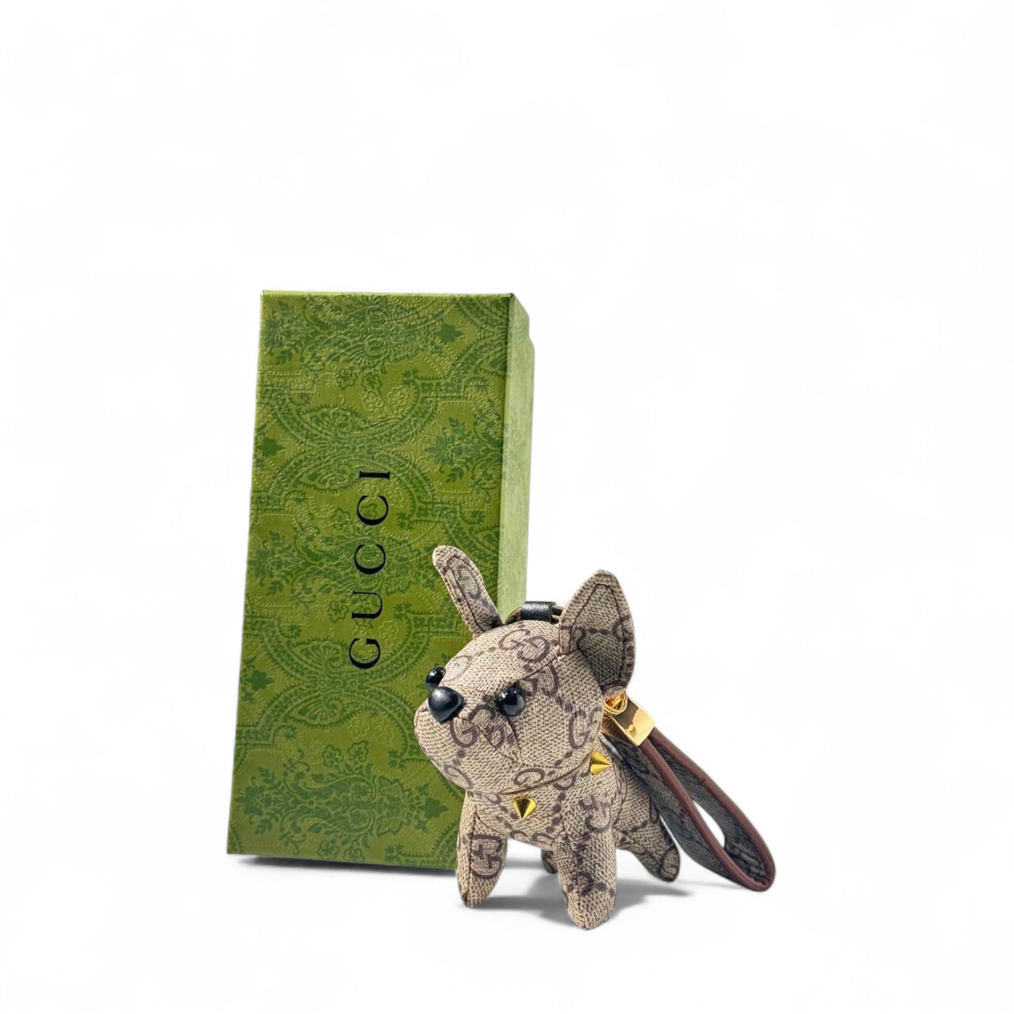 💚 Gucci-Inspired Bulldog Keychain – GG Monogram Dog Charm with Gold Collar & Green Box ✨