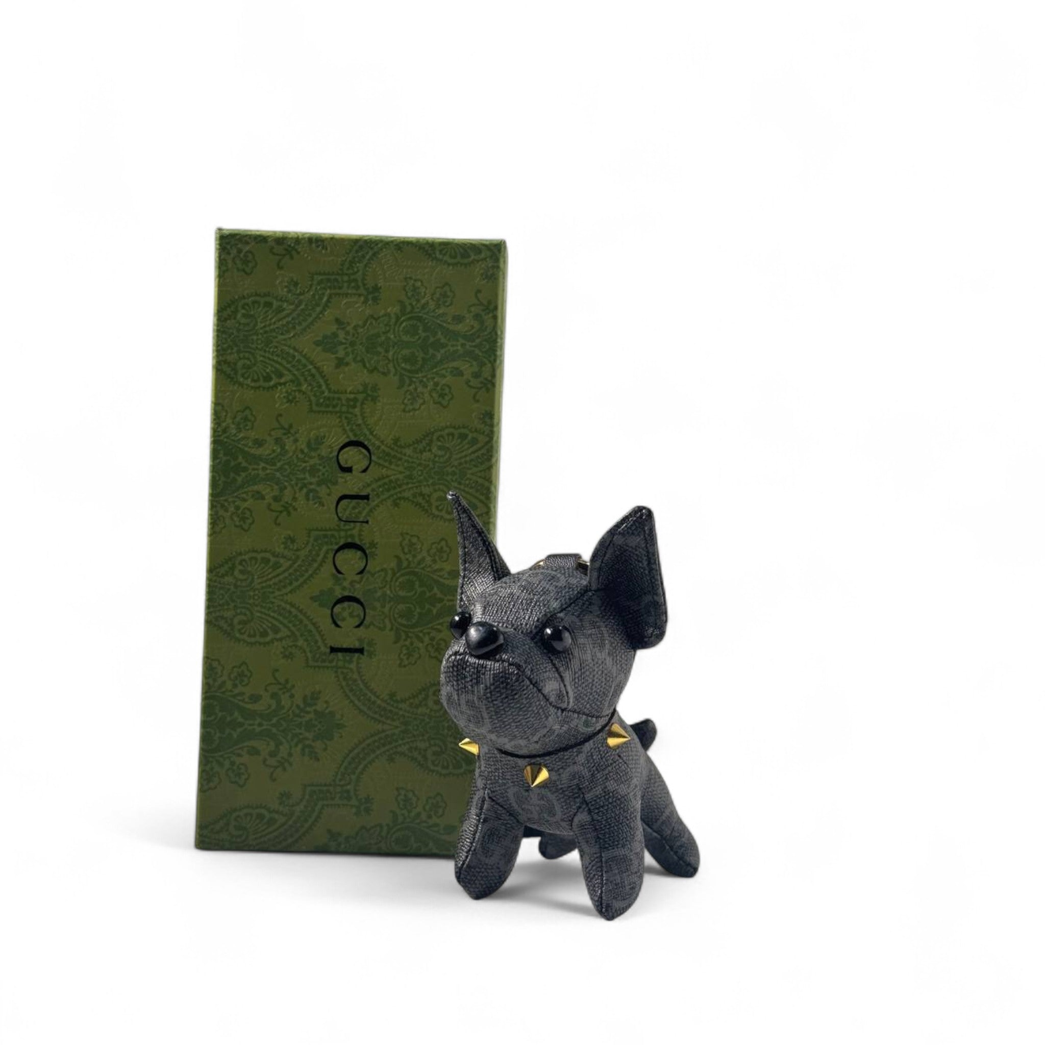 🖤 Gucci-Inspired Black Bulldog Keychain – Faux Leather Dog Charm with Gold Studs ✨