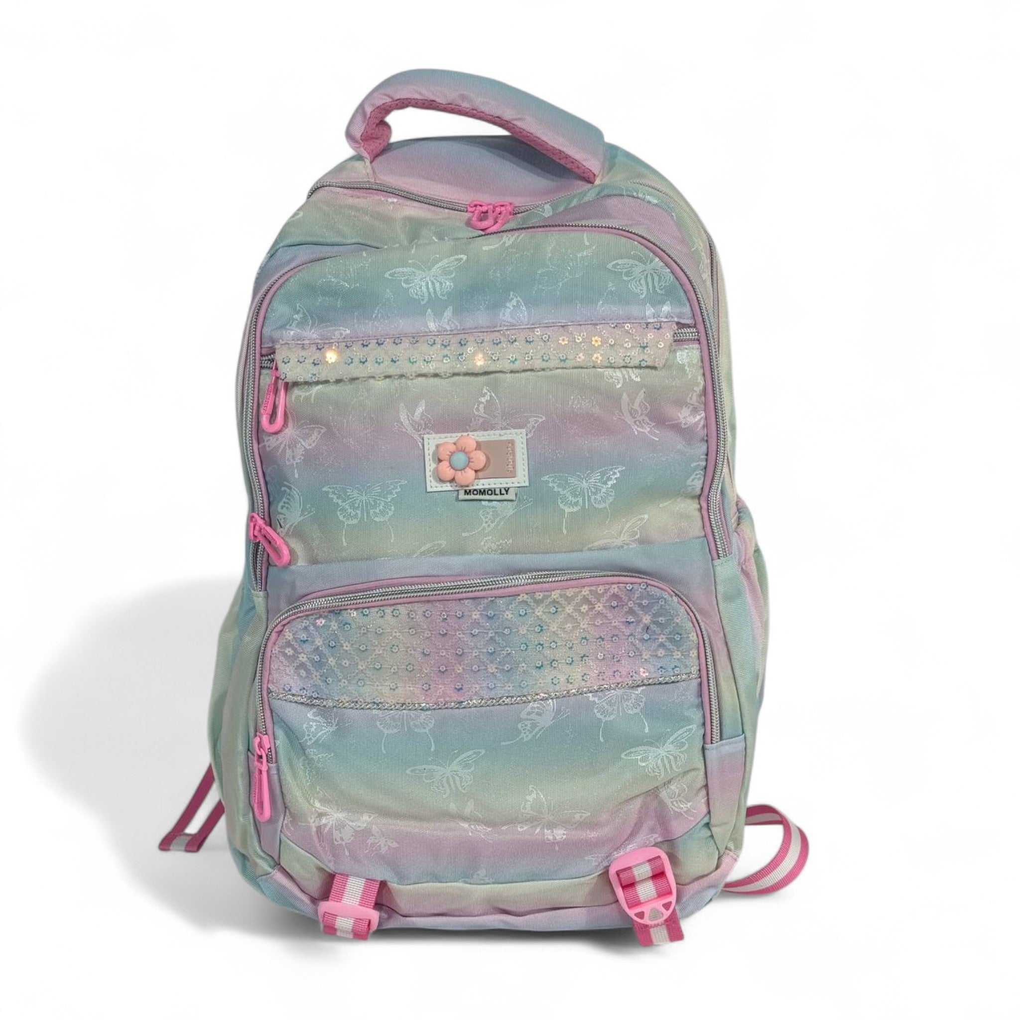 🎒 Momolly Butterfly Sparkle Backpack – Pastel Rainbow Shimmer 🌈🦋