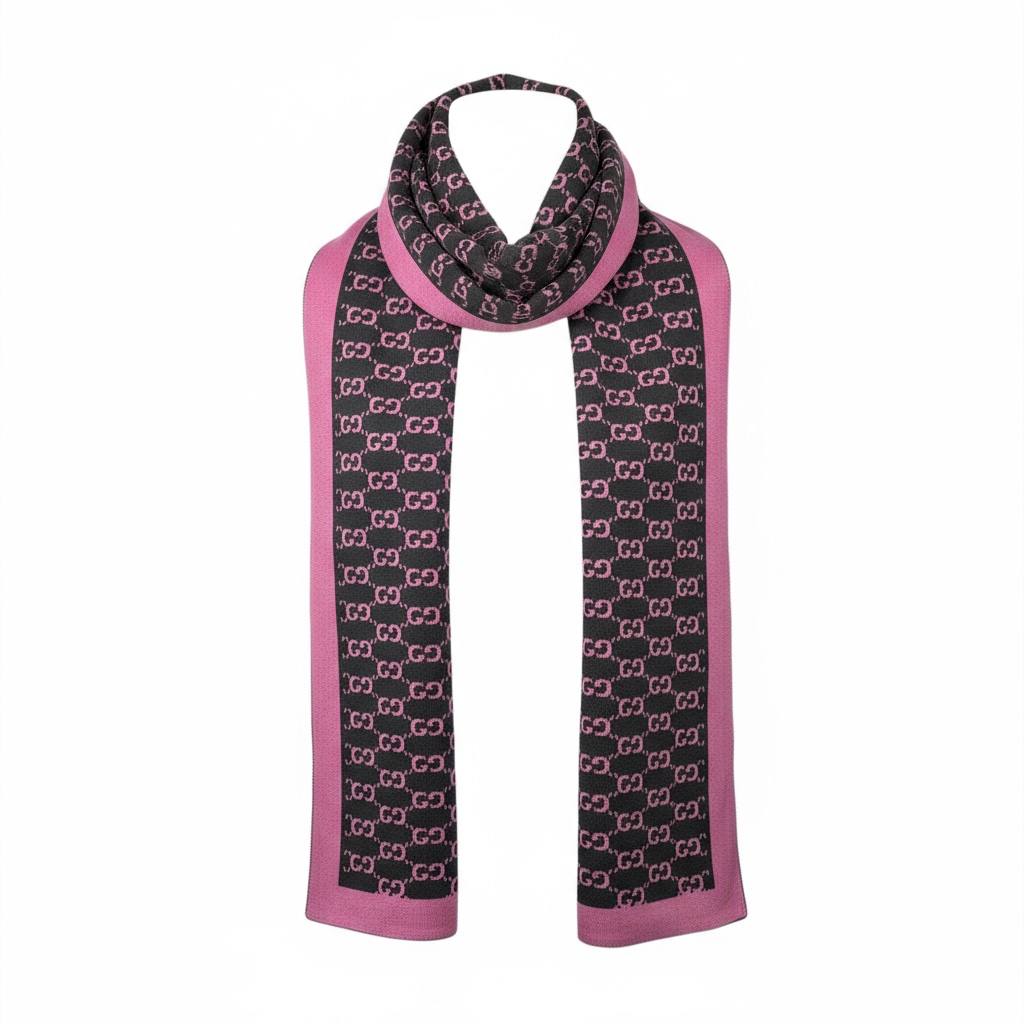 💗 Gucci Monogram Scarf | Black & Pink Wool Knit