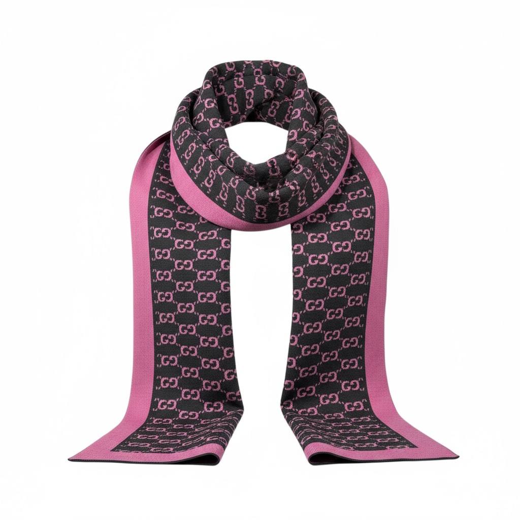 💗 Gucci Monogram Scarf | Black & Pink Wool Knit