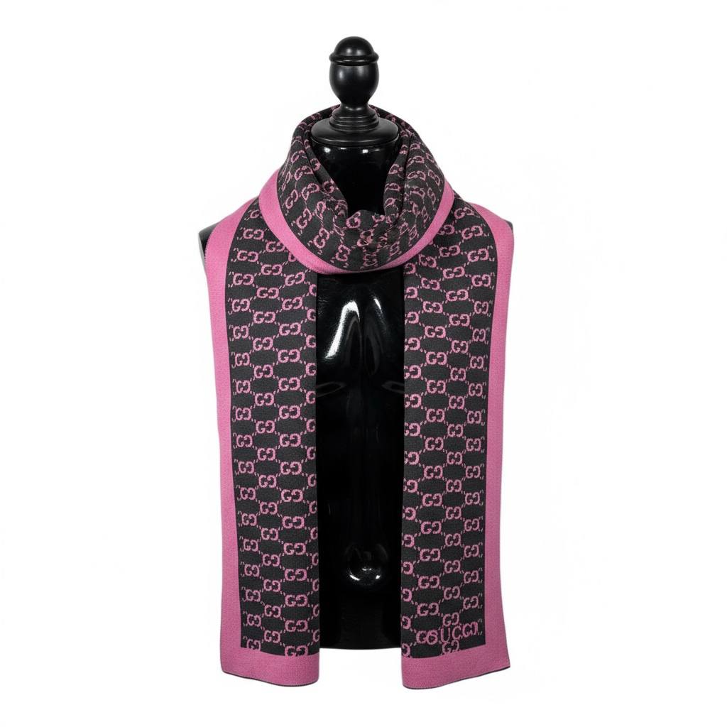 💗 Gucci Monogram Scarf | Black & Pink Wool Knit