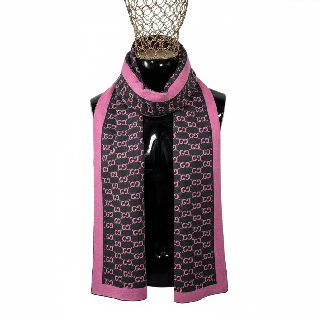 💗 Gucci Monogram Scarf | Black & Pink Wool Knit