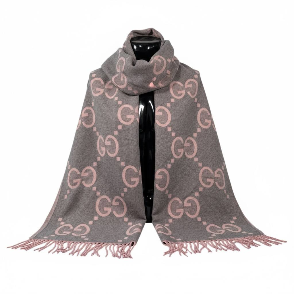 🌸 Gucci GG Jacquard Scarf | Pink & Grey Wool Blend