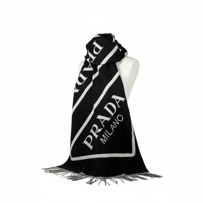 🖤 Prada Milano Logo Wool Scarf | Black & White Fringed Edge