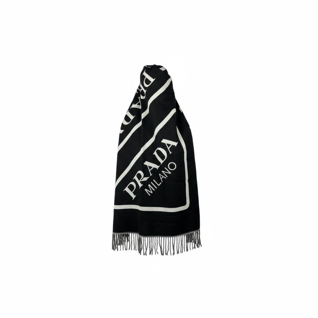 🖤 Prada Milano Logo Wool Scarf | Black & White Fringed Edge