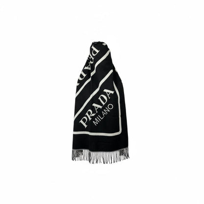 🖤 Prada Milano Logo Wool Scarf | Black & White Fringed Edge