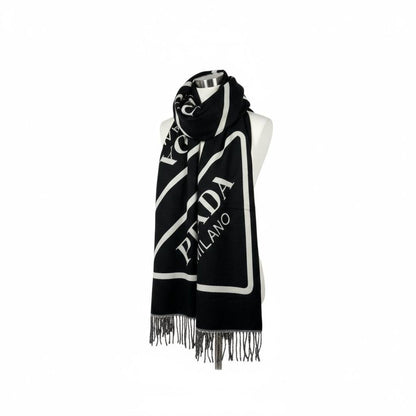 🖤 Prada Milano Logo Wool Scarf | Black & White Fringed Edge
