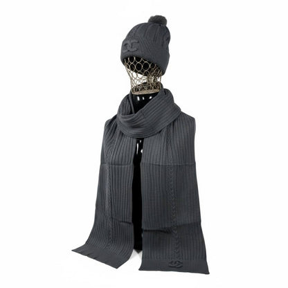🖤 Chanel Knit Beanie & Scarf Set | Grey Wool Winter Collection