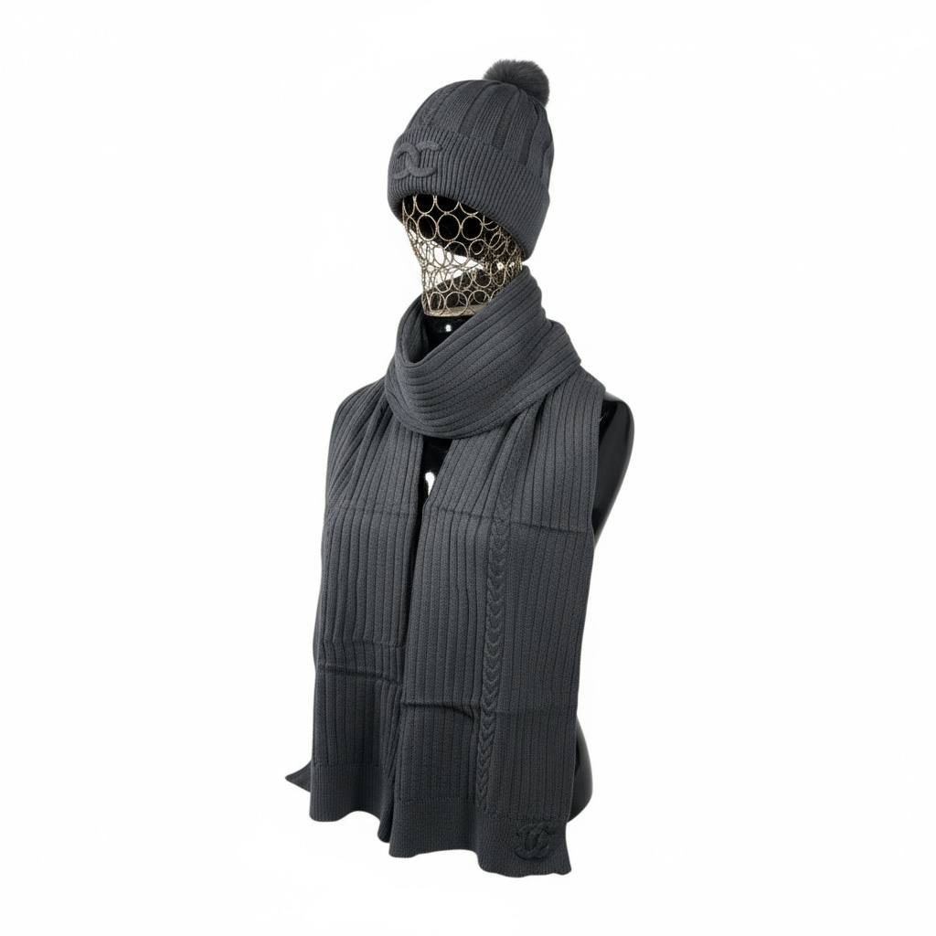 🖤 Chanel Knit Beanie & Scarf Set | Grey Wool Winter Collection