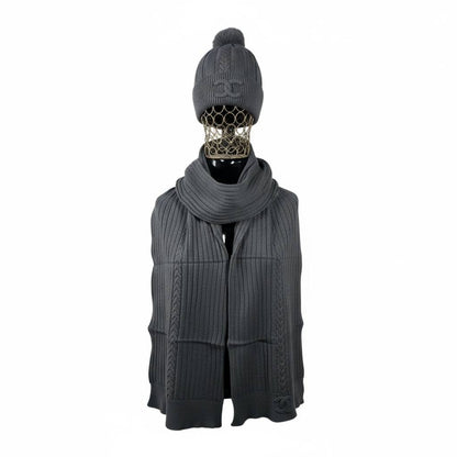 🖤 Chanel Knit Beanie & Scarf Set | Grey Wool Winter Collection