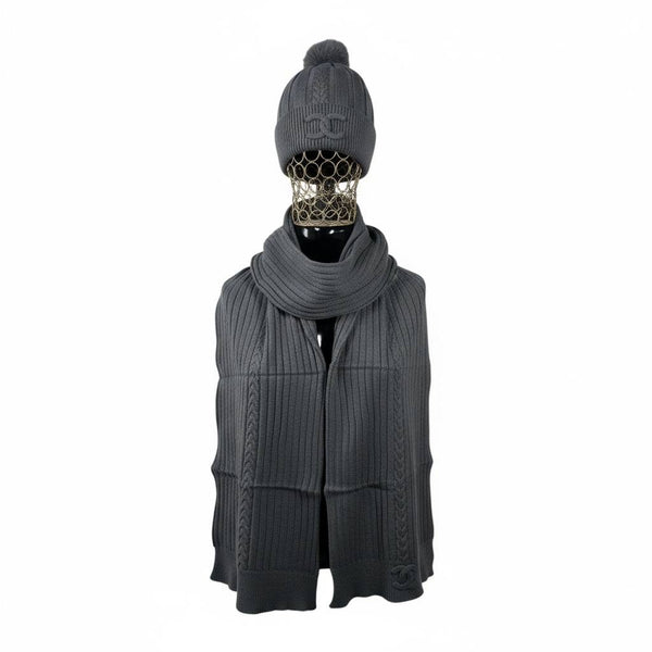 🖤 Chanel Knit Beanie & Scarf Set | Grey Wool Winter Collection