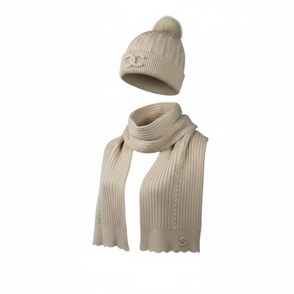 🤍 Chanel Knit Beanie & Scarf Set | Cream Wool Winter Collection