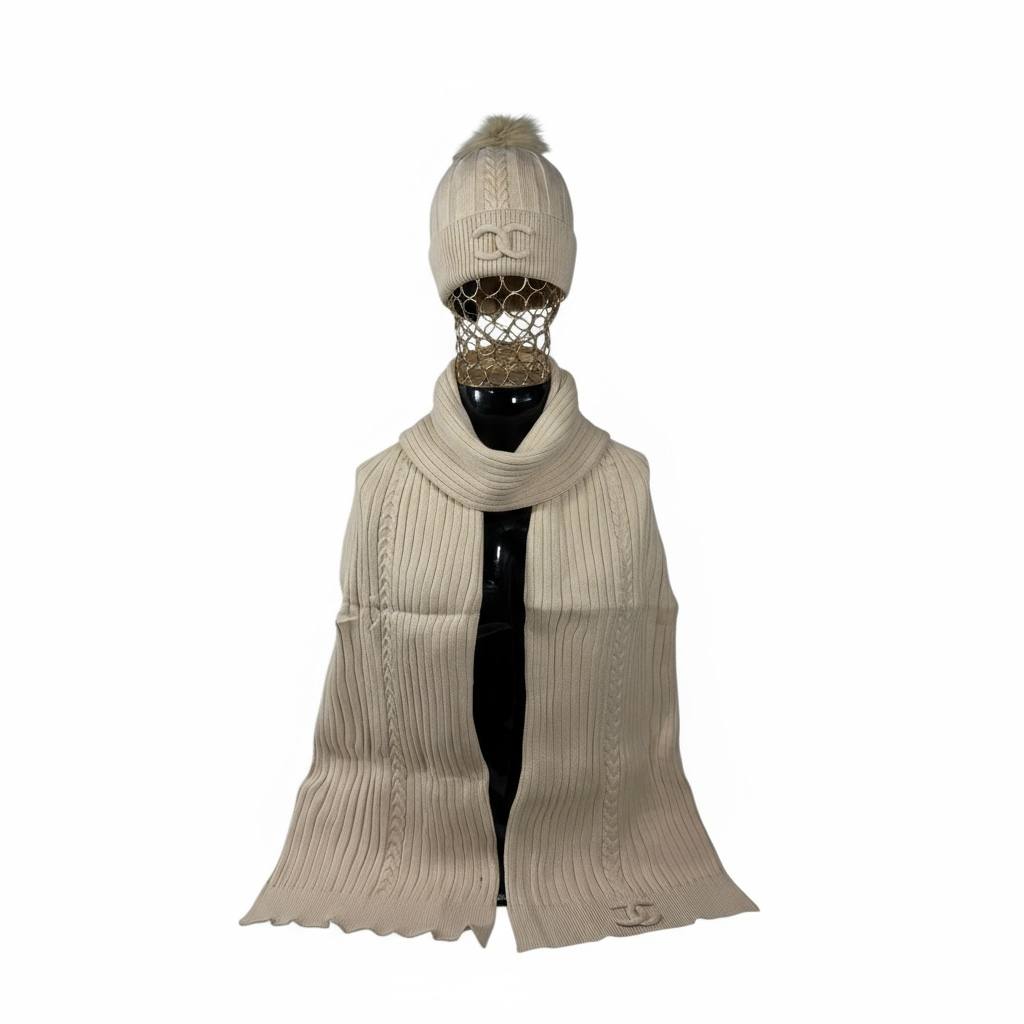 🤍 Chanel Knit Beanie & Scarf Set | Cream Wool Winter Collection