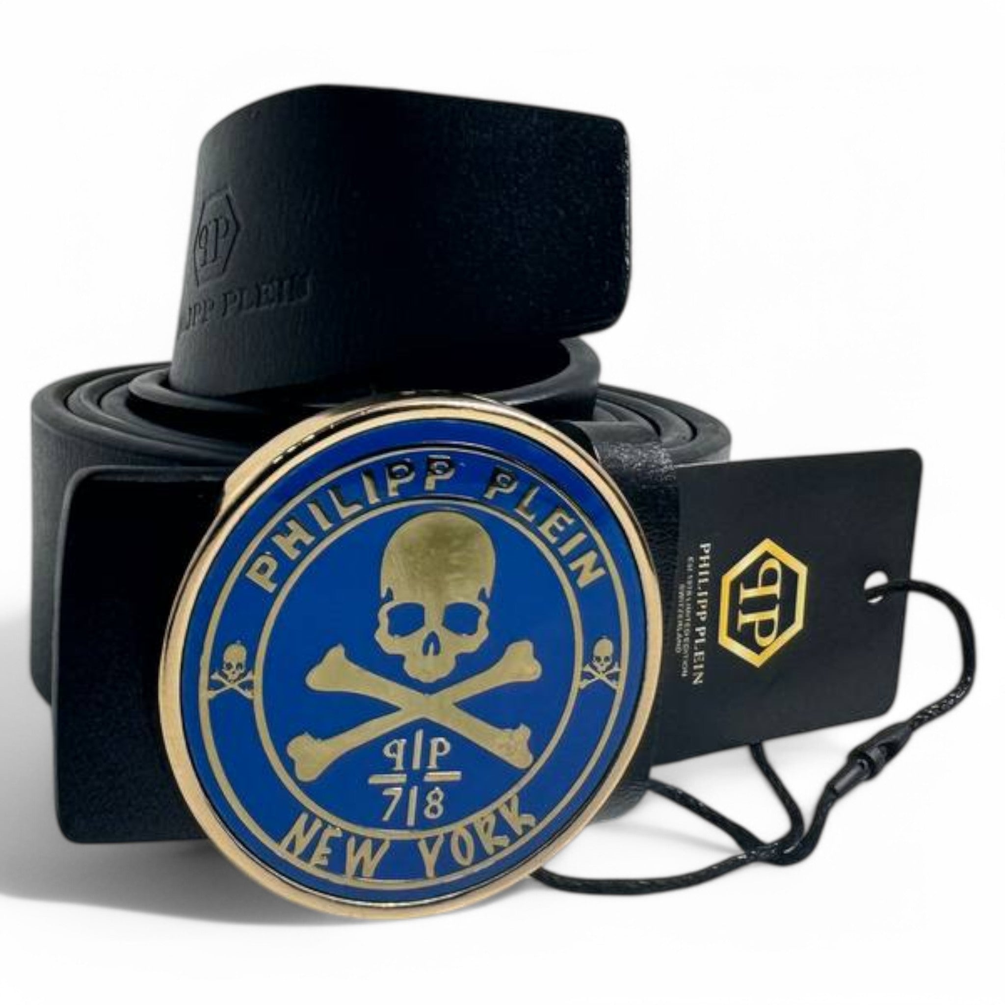 Philipp Plein Skull Belt with Blue Enamel Buckle
