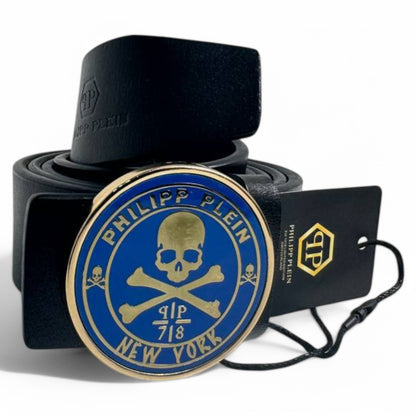 Philipp Plein Skull Belt with Blue Enamel Buckle