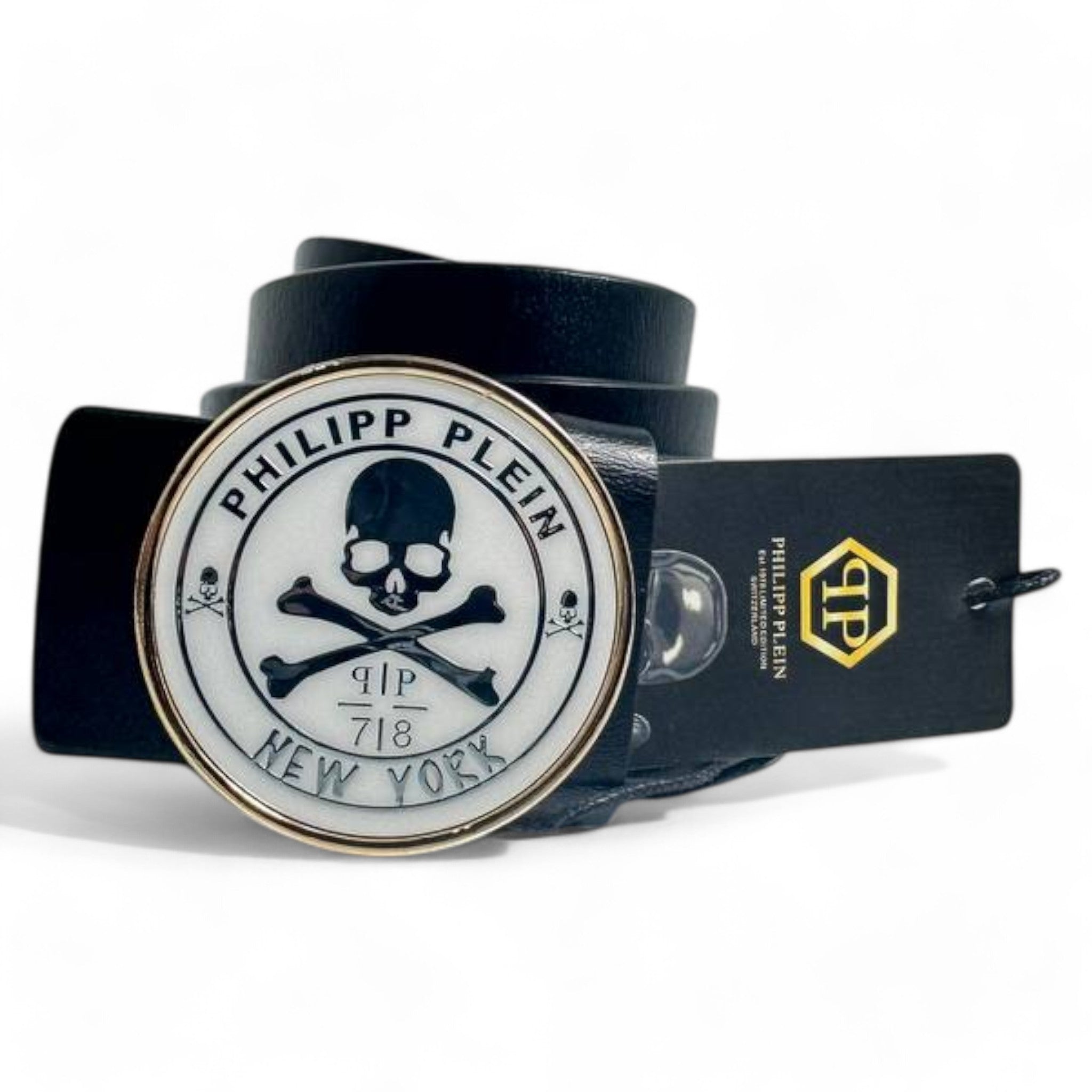 Philipp Plein Skull Belt with Blue Enamel Buckle