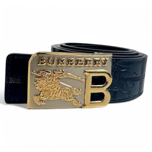 Burberry Signature Black Leather Belt with Gold Buckle and Equestrian Logo