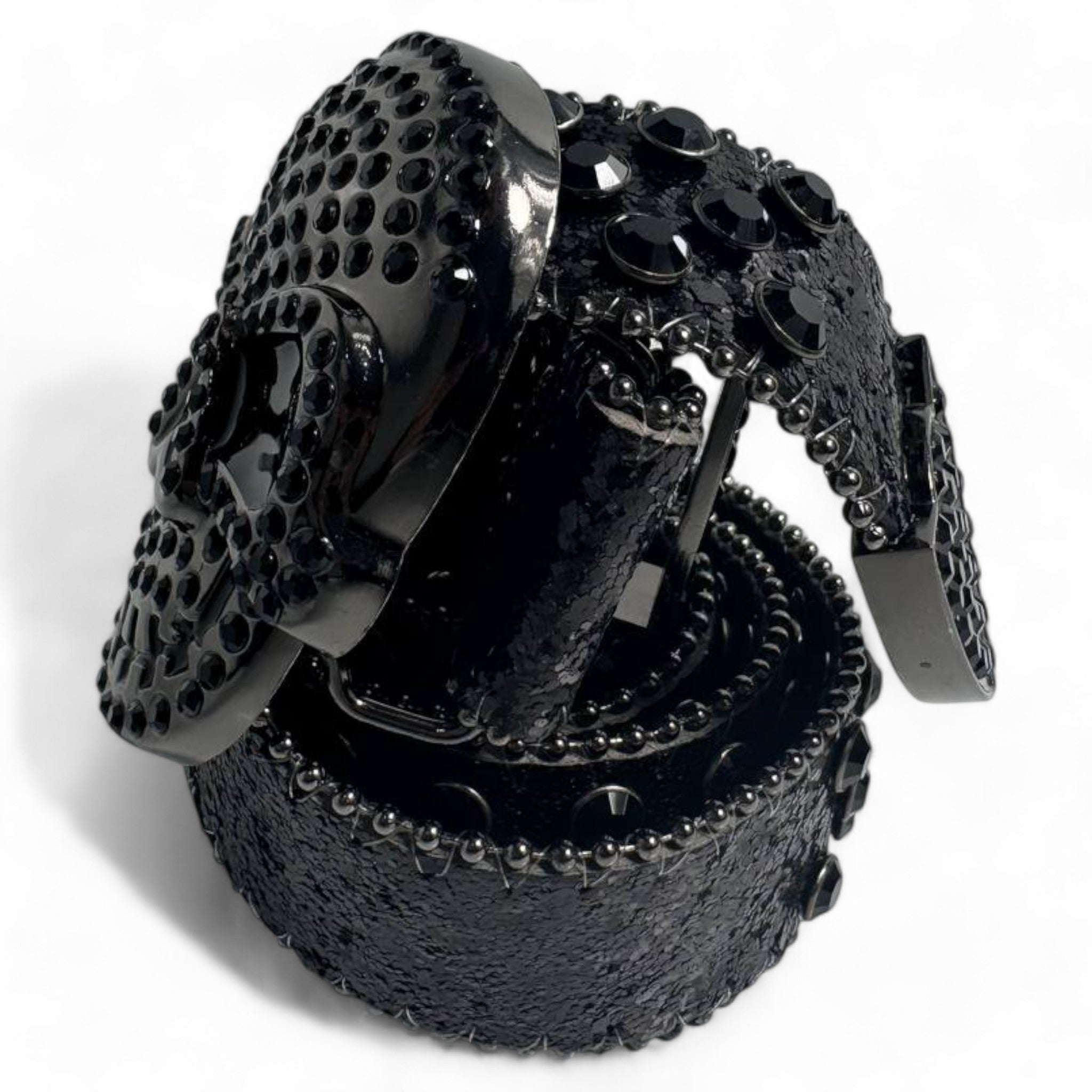 Skull-Studded Black Leather Belt with Crystalized Skull Buckle