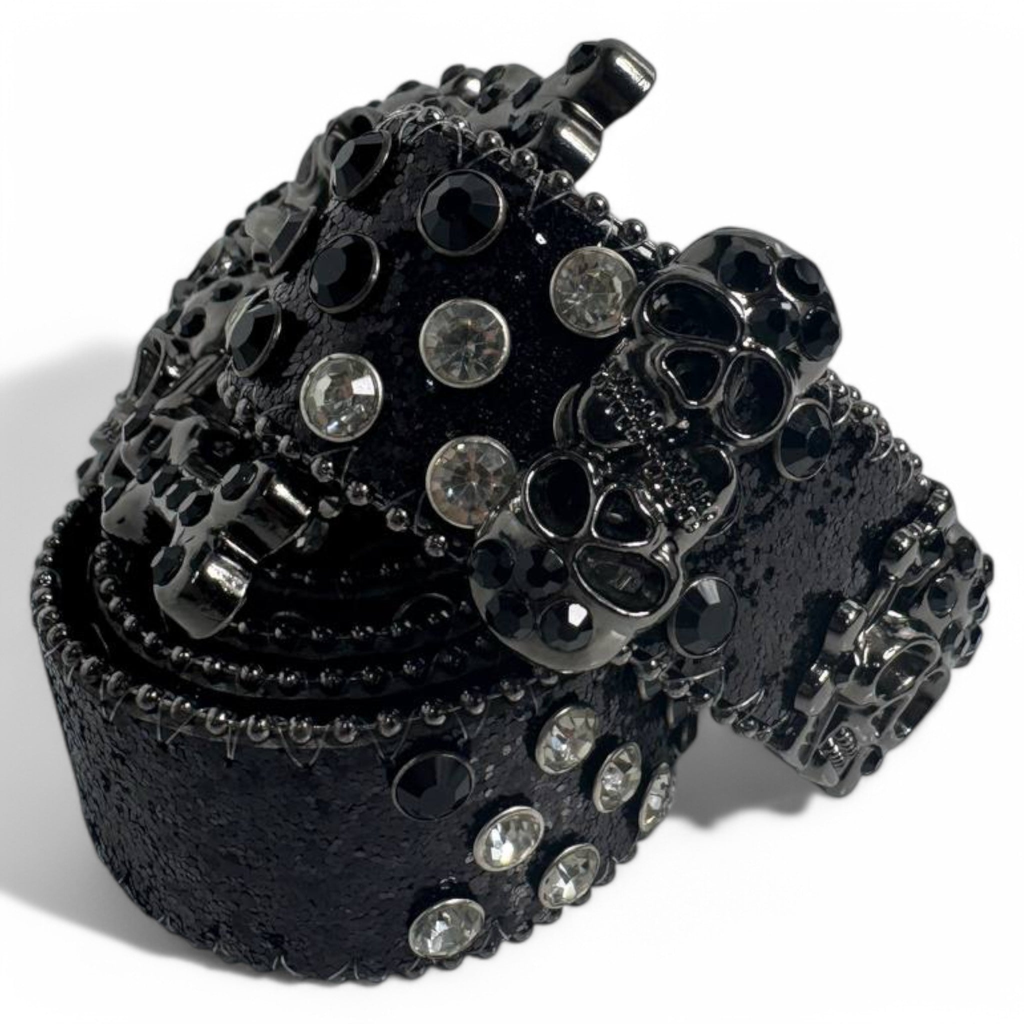 Skull-Studded Black Leather Belt with Crystalized Skull Buckle