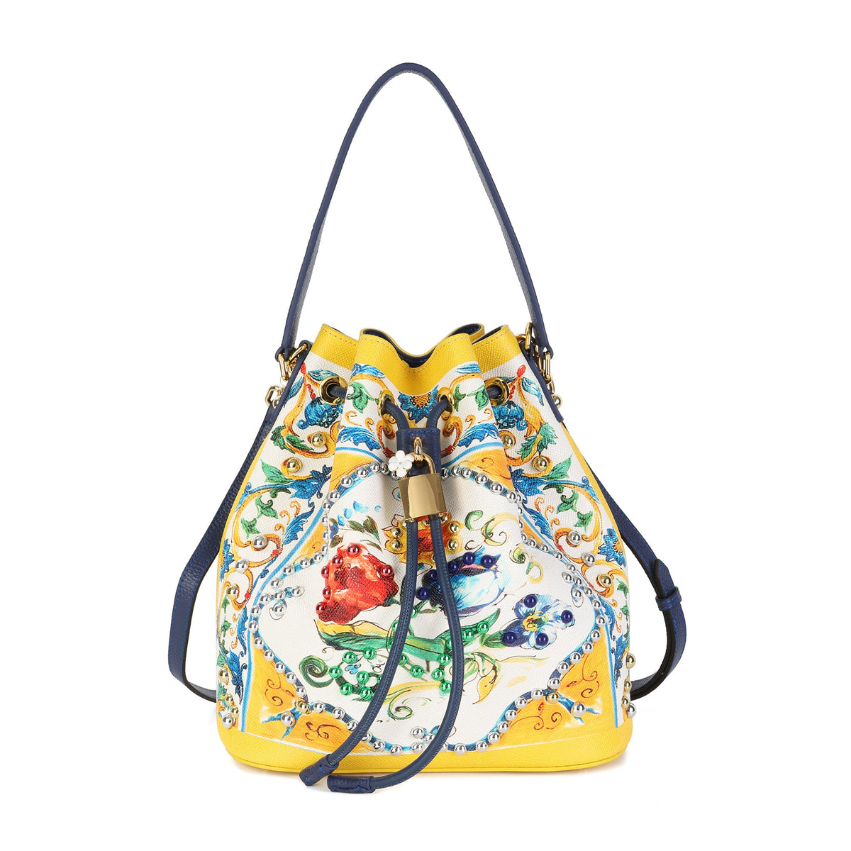 Yellow floral drawstring bucket bag with gold padlock and stud detailing