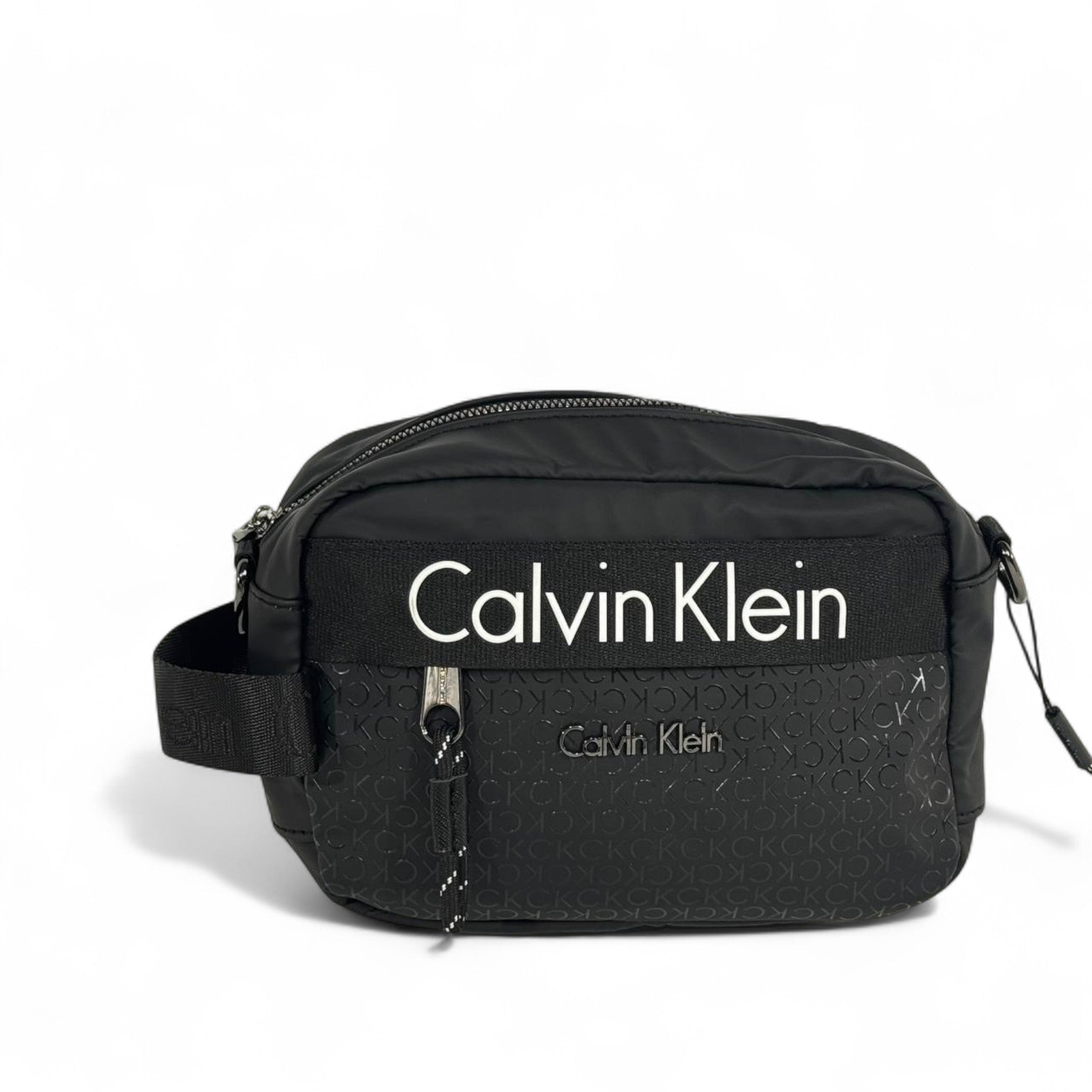 ⚫🤍 Calvin Klein Black Monogram Crossbody Bag with White Logo – Unisex Minimalist