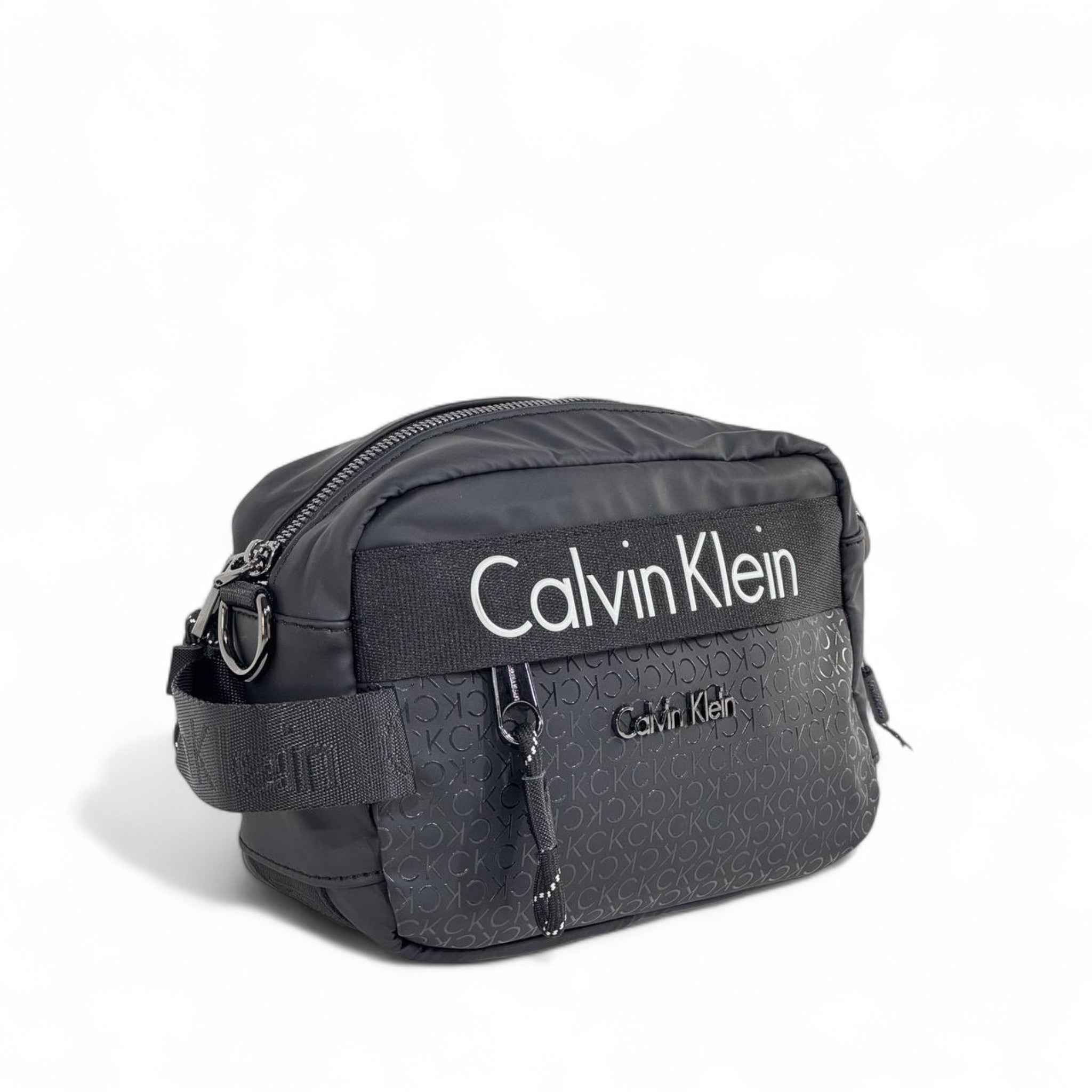 ⚫🤍 Calvin Klein Black Monogram Crossbody Bag with White Logo – Unisex Minimalist