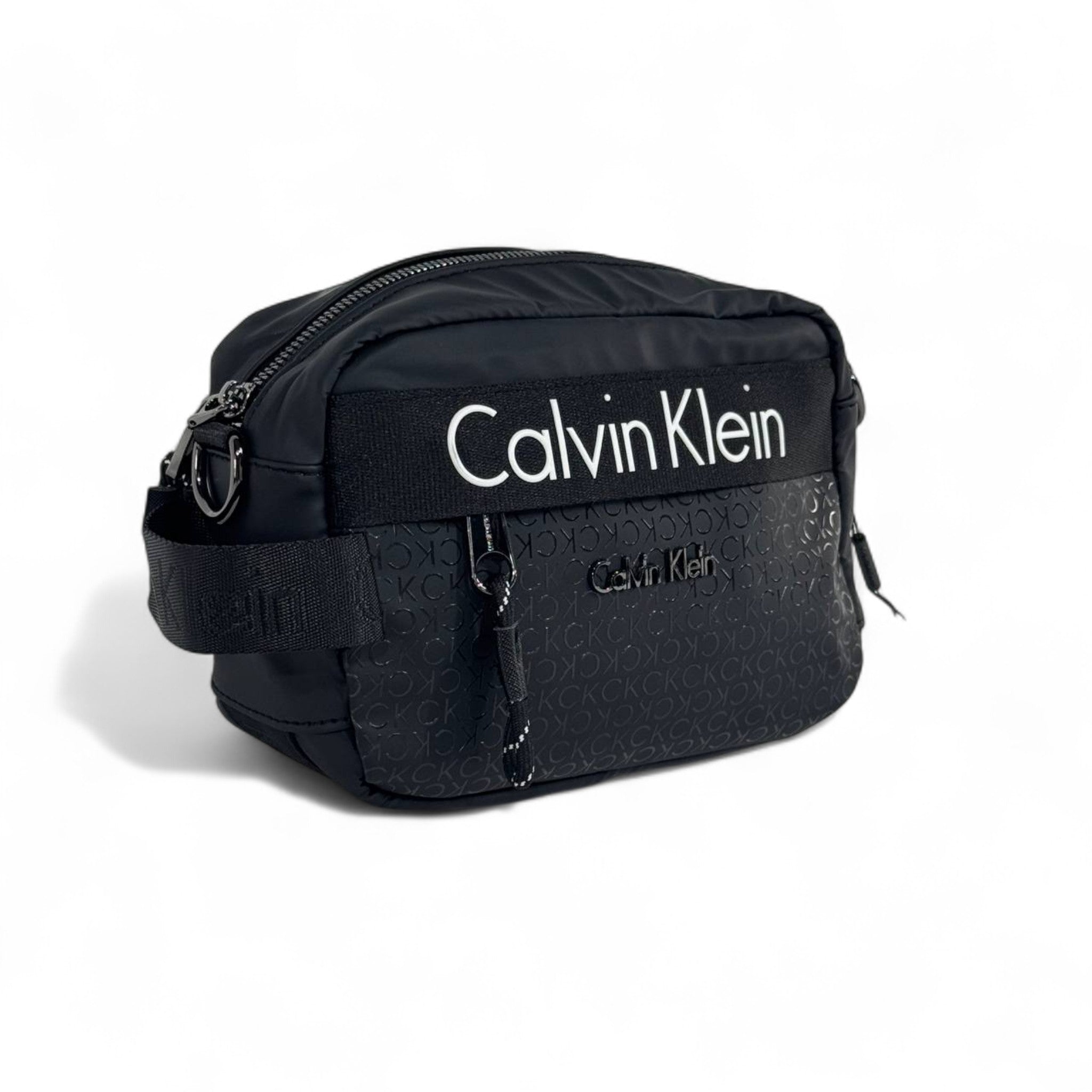 ⚫🤍 Calvin Klein Black Monogram Crossbody Bag with White Logo – Unisex Minimalist